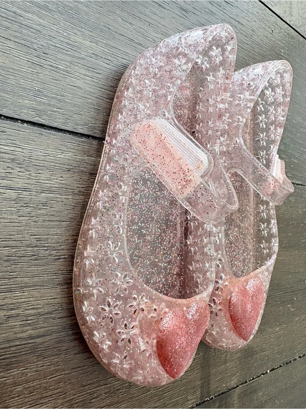 Toddler size 8 Glitter Jelly Mary Jane Shoes with Heart Accent - Pink